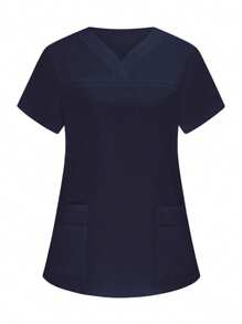PopScrub Women Short Sleeve Double Pocket Nurse Blouse, Scrub Top