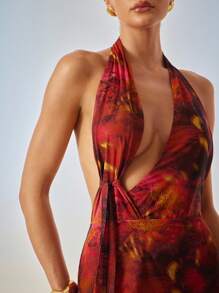 Hauture Women's Sexy Summer Vacation Night Out Low Neck Side Tie Leopard Abstract Printed Maxi Dress - Multicolor - View 5