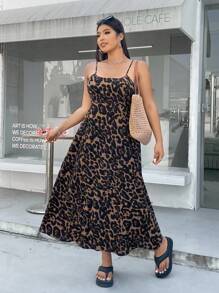 Solflare 大码豹纹细肩带露背连衣裙，配有可调节腰带和隐形拉链，适合春夏季 - 棕色 - 查看 5