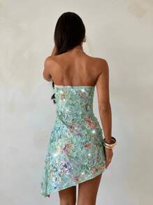 Aloruh 女士优雅性感迷你不对称连衣裙 Y2K 年轻女孩音乐节音乐会生日派对返校节连衣裙婚礼宾客连衣裙约会夜服装女士亮片拼接全印花时尚抹胸绿色短裙 - 綠色 - 查看 3