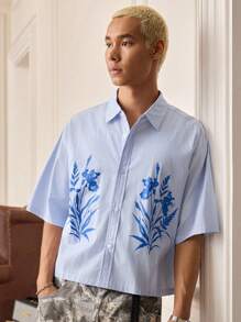Manfinity VCAY Men's Floral Print Short Sleeve Single-Breasted Casual Loose Plaid Shirt - Blue - View 3