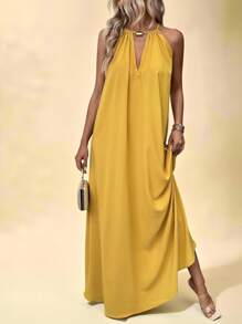 Vesra 女式无袖露背连衣裙，适合夏季超长度假海滩装 - 黃色 - 查看 5