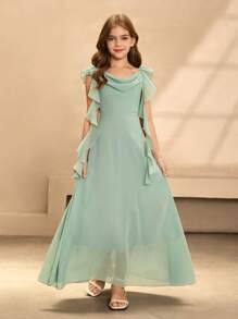 优雅花童裙，薄荷绿雪纺无袖细肩带领口长裙，时尚大摆公主裙，适合婚礼和正式场合