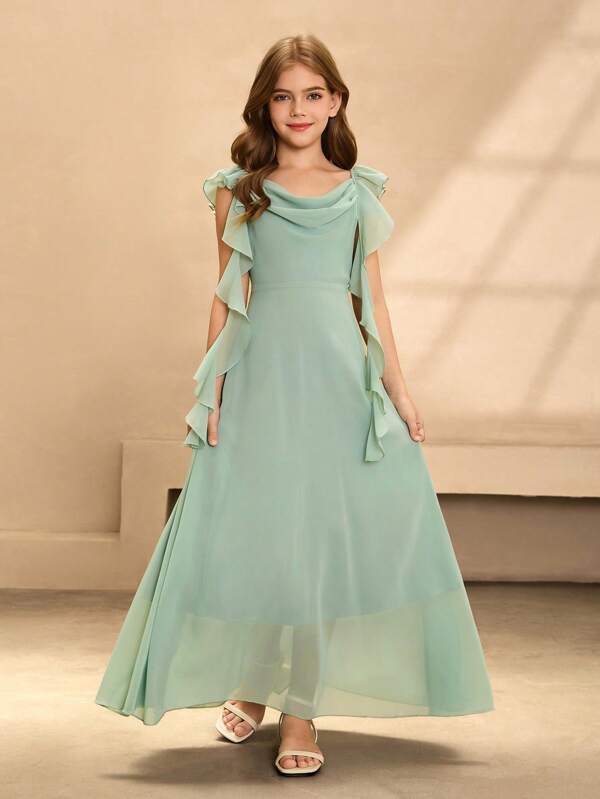 ชุดเดรสสาวดอกไม้แบบเรียบหรู, เดรสยาว Chiffon สีเขียวมิ้นท์ สายเดี่ยว ไม่มีแขน, เดรสเจ้าหญิงใหญ่สวิงแฟชั่น เหมาะสำหรับงานแต่งงานและโอกาสเป็นทางการ