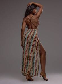 Musera Resort 钩针编织高领露背修身开衩环饰长款罩衫连衣裙，适合沙滩、泳装、性感波西米亚风节日、假日、夏季度假、可爱优雅的伊比沙条纹春季狂欢节 - 彩色 - 查看 1