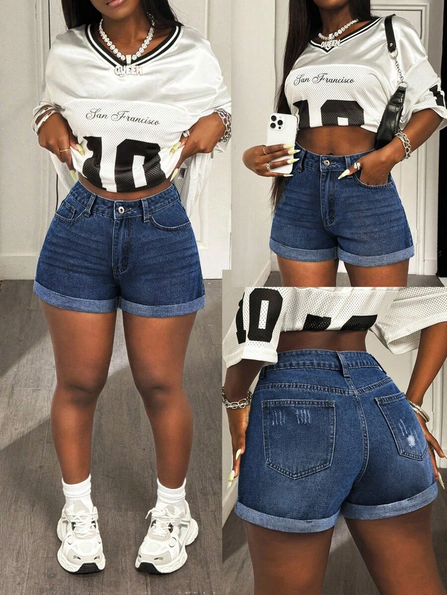 Slaydiva 女士夏季休闲街头破洞卷边牛仔短裤 - 深色水洗藍 - 查看 1