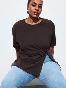 Maija Plus Size Women's Cotton Round Neck Short Sleeve T-Shirt, With Metal Ring Design On Front Waist, Business Casual Basic Top,For Vintage Women Old Money Teacher For Women Romantic, Fashion, Versatile Summer Women Party Top Beach Holiday Vacation Going Out Graduation Elegant Women's Blouses Casual Blouses Formal Attire Work Office For Women - Brown - View 6
