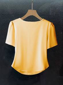 SHEIN Clasi Women 3D Floral Decor Round Neck Puff Sleeve Ruched Fashion T-Shirt - Yellow - View 2