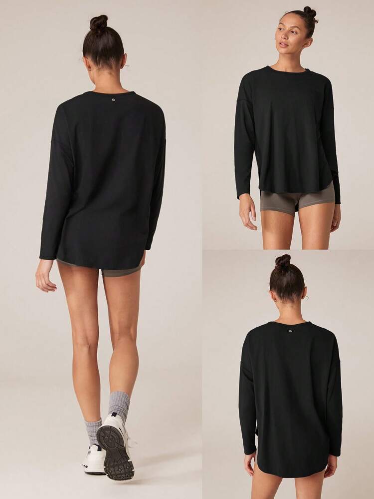 Pima Cotton Oversized Long Sleeve Curved Slit Hem Round Neck Tee Daily Casual