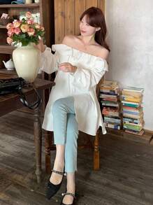 DAZY Damen Off-Shoulder Rüschen Lässig Einfarbig Frisch Koreanischer Stil Langarm Bluse, Herbstmode für Frauen - Weiss - Übersicht 5