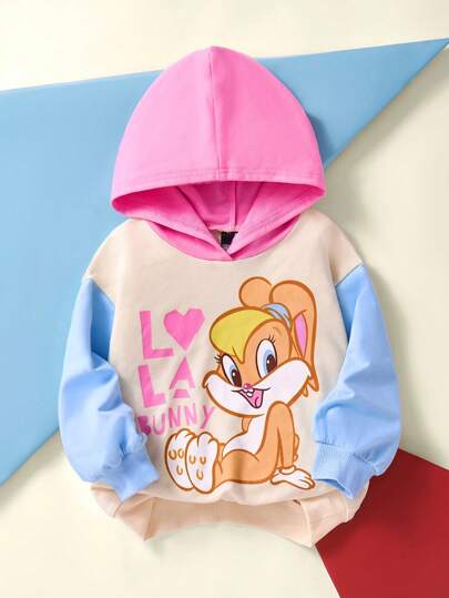 LOONEY TUNES X SHEIN Söt tecknad kaninmönster färgblocks huvtröja för babyflickor, avslappnad och mångsidig