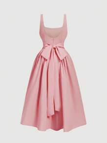 SHEIN MOD 大码粉色吊带连衣裙，后背蝴蝶结装饰，正式场合礼服，女士白色露背蝴蝶结长裙，夏季粉色连衣裙，毕业礼服，女士早午餐飘逸连衣裙，束身连衣裙 - 粉色 - 查看 2