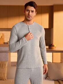 Men Half Button Ribbed Knit Tee & Trousers PJ Set - Grey - View 4