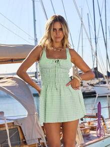 Aralina Women Plaid Check Lace-Up Ruched Cottagecore Summer Sundress Mini Tie Detail - Green - View 6