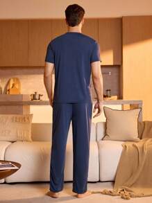 Snug Zone Men's Bird Printed Short-Sleeved T-Shirt And Long Pants Homewear Set, Suitable For Summer - Royal Blue - View 2