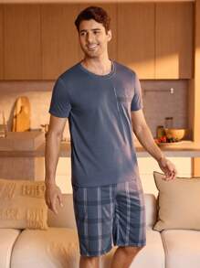 Manfinity Underwear&Sleepwear Basics Herren Rundhals-Taschen-Kurzarm-Top und karierte Shorts mit Druckmuster, Sommer Homewear-Set - Babyblau - Übersicht 4