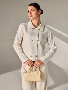 CLARA VERO Women Knit Cardigan Jacket With Gold Button And Polo Neck Elegant,Cardigans,Long Cardigans Woman,Petite,Tall - Beige - View 5