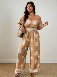 SHEIN LUNE Bộ đồ liền thân tay ngắn hở vai in họa tiết cỡ lớn có dây rút ở eo, mặc ngoài trời thường ngày - Nhiều màu - Xem 3