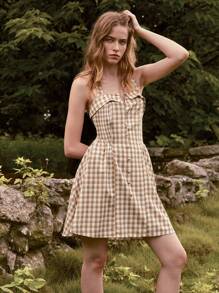 SHEIN Holidaya Summer Plaid Halter Neck Dress (Random Print Design) - Khaki - View 3