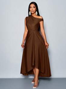 SOLERSUN Women's Spring And Summer Fashion Elegant Date Party Purple Stretch Knit Comfort Gathered Details Draped Dress Asymmetric Neckline Asymmetric Hem Slit Long Dress - Brown - View 3