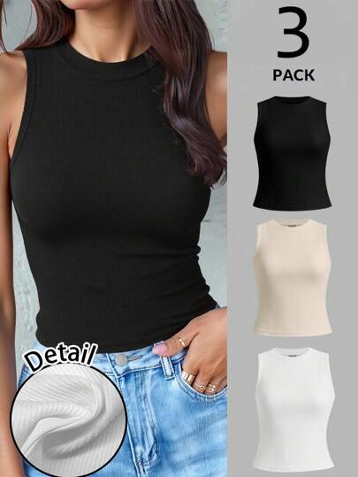 SHEIN LUNE 3pcs Set Women's Crew Neck Ribbed Knit Seamless Camisole Tank Tops, Black, White, Apricot 3 Packs Tops Back To School,Casual