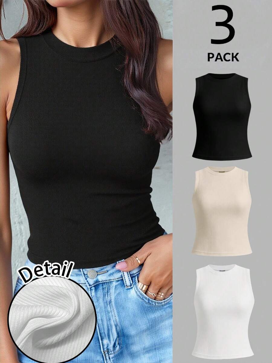 SHEIN LUNE Bộ 3 áo hai dây cổ tròn dệt kim không đường may dành cho nữ, màu đen, trắng, màu mơ, thích hợp cho mùa tựu trường hoặc mặc thường ngày. - Nhiều màu - Xem 1