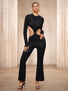 SHEIN Unity Tuta da donna con fibbia metallica e retro aperto, elegante e sexy, aderente, adatta per primavera e autunno, colore nero - nero - Visualizzare 4