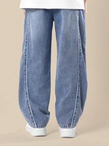 SUMWON 复古90年代风格侧边滚边阔腿牛仔裤青少年男童滑板篮球裤街头潮流冬秋时尚 - 藍色 - 查看 2