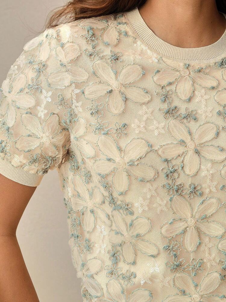 Elegant Retro Chiffon Overlay Green Short Sleeve Slimming T-Shirt