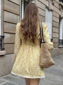 Pariaura V领碎花荷叶边拼接长袖连衣裙，秋季大学女生服装 - 黃色 - 查看 2