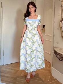 Elenzga Women's Elegant Embroidered Floral V-Neck Short Sleeve Dress, Summer - Multicolor - View 1