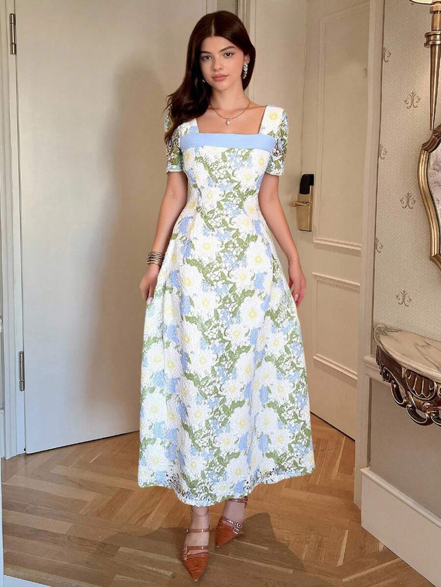 Elenzga Women's Elegant Embroidered Floral V-Neck Short Sleeve Dress, Summer - Multicolor - View 1