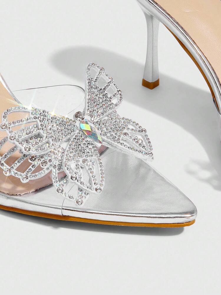 CUCCOO SZL Women's Fashion Pointed Toe Transparent Glass Heels, Silver Color Evening Party Work Pumps With Rhinestone Bow, Ladies High Heel Slingback Sandals