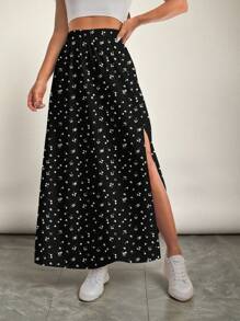 SHEIN VCAY Elegant Pleated Plus Size Maxi Skirt With Split Thigh For Summer Casual Looks Long Floral Skirt Long Skirt With Slit,Holiday Outfits For Women Fall Clothes Chic Dress