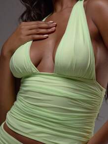 MUSERA Áo kiểu yếm cổ chữ V xẻ sâu, xếp ly, ôm sát, không tay, gợi cảm, lãng mạn, thanh lịch, chỉ dành cho kỳ nghỉ ở Ibiza, lễ hội, sinh nhật, đám cưới, đi chơi đêm, dự tiệc, mùa thu, mùa xuân, hè. - màu xanh lá - Xem 6