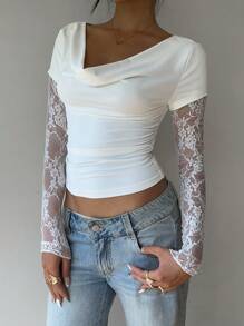 SHEIN EZwear Weiße Lässig Damen Kontrast Spitzen Langarm Rundhals figurbetontes T-Shirt