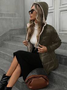 Aveloria Modichic Ropa de abrigo acolchada con capucha a cuadros sencillos, casual y versátil - Verde militar - Ver 6