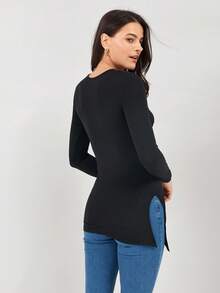 Miaspire 女式黑色天鹅绒褶皱开叉修身T恤，适合秋季女装 - 黑色 - 查看 2