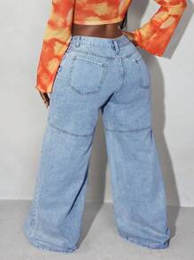 大码休闲日常纽扣细节斜口袋宽松阔腿牛仔裤 - 淺藍色 - 查看 3