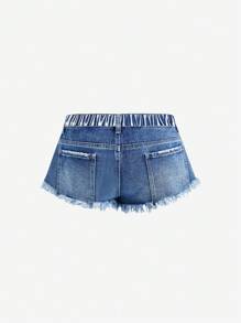 Jeanoix 大码女式性感休闲街头时尚低腰铆钉下摆超短牛仔短裤，夏季 - 藍色 - 查看 3