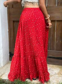 Sunnyshic 女式碎花高腰A字裙，适合夏季度假 - 紅色 - 查看 2