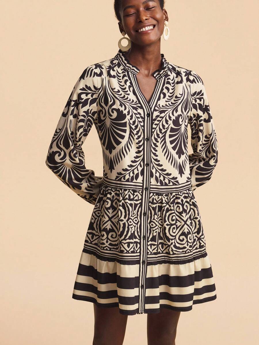 Travachic 女士休闲短款植物印花V领长袖单排扣迷你连衣裙 - 卡其色 - 查看 1