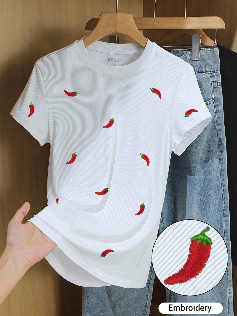 INAWLY Women's Fitted Crew Neck T-Shirt With Chili Pepper Embroidery Design - White - View 1