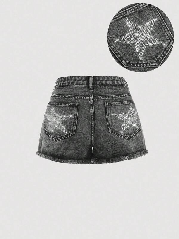 SHEIN Pantalones cortos vaqueros con lavado claro, talle bajo, rotos y bajo crudo para adolescentes chica, perfecto para vacaciones en la playa, conciertos de verano y festivales casuales