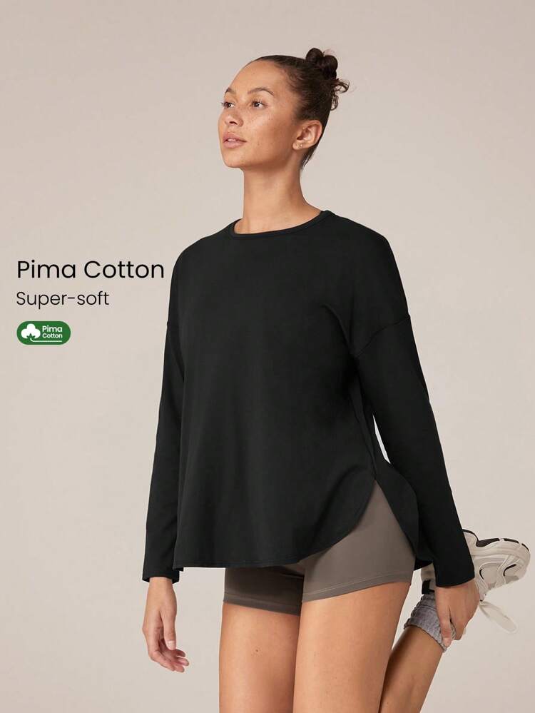 Pima Cotton Oversized Long Sleeve Curved Slit Hem Round Neck Tee Daily Casual