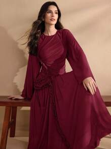 Graceveil Women's Ultra Long Spring & Summer Mesh Knit Ruffle Hem Split Modest Elegant Charming Fashion Dress - Burgundy - View 5