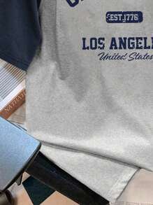 Manfinity Joysei 海军蓝和浅花灰色拼色男士 T 恤，休闲学院风字母图案，适合夏季日常穿着