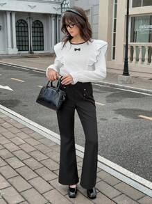 SHEIN Conjunto de blusa con lazo y mangas cortas + pantalones de pierna ancha en estilo dulce para niña