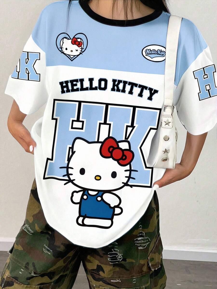 HELLO KITTY AND FRIENDS | SHEIN 女士宽松卡通字母图案印花短袖休闲舒适圆领 T 恤,夏季 - 白色 - 查看 1