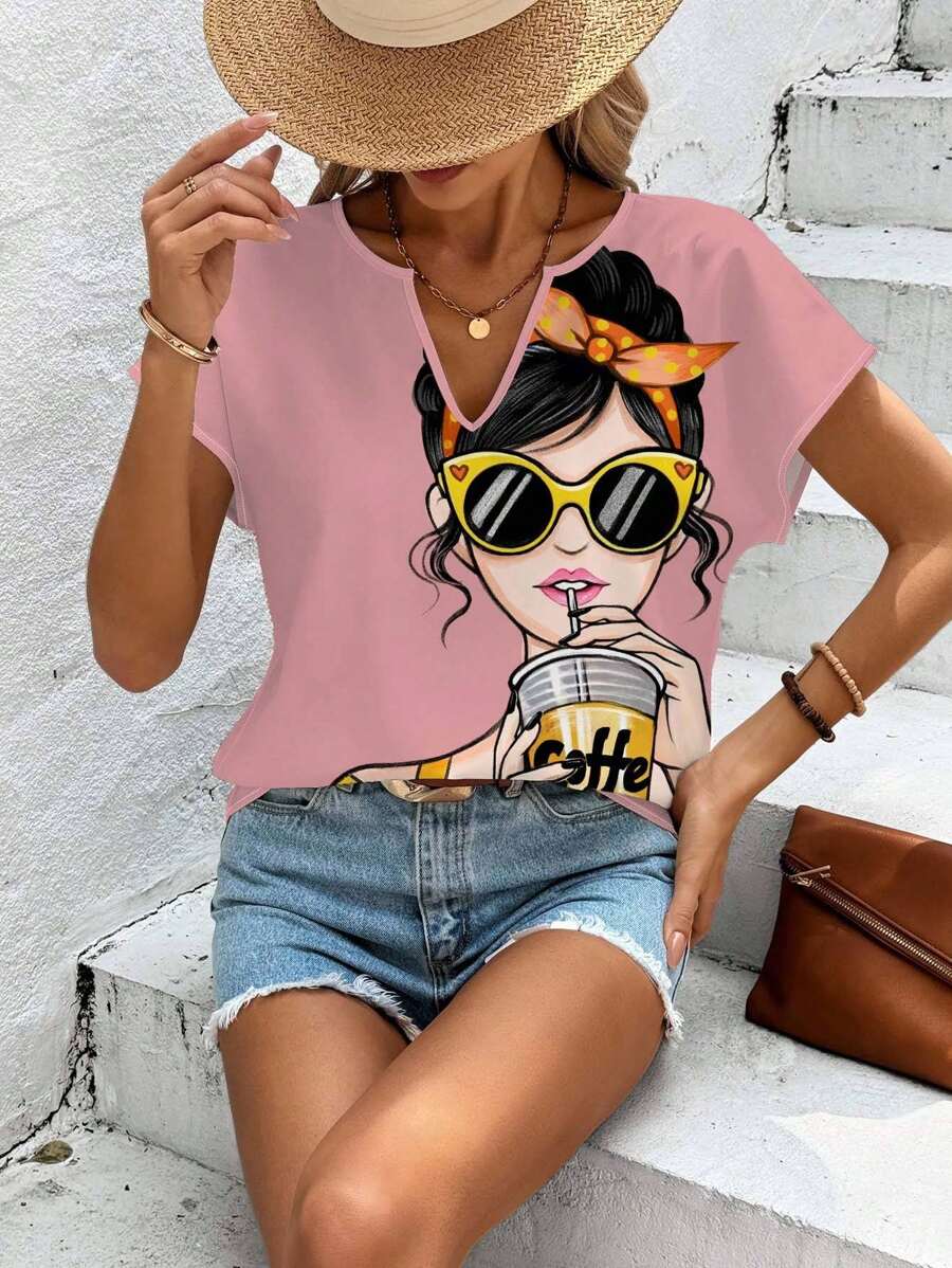 EMERY ROSE 粉色休闲简约度假风女孩印花女式衬衫，适合夏季